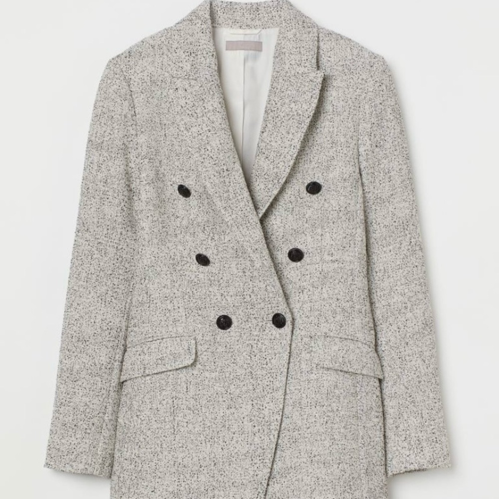 H&M Light Gray Boucle Double-Breasted Blazer with Black Buttons